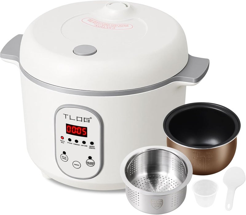 TLOG Low Carb Rice Cooker 2L(8 Cups Cooked), Low Sugar Healthy Rice Maker with 304 Stainless Steel Steamer Basket, 5 Cooking Presets, 24H Timer & Keep Warm Function - Image 1
